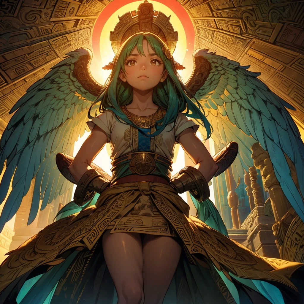 Childish, high quality、Very detailed、8Year、Mayan Aztec young priestess、Flying Feathered Serpent(Quetzalcoatl Kukulkan)look up at the sky and pray、Chichen Itza Forest Temple of the Sun、mysterious、whole body