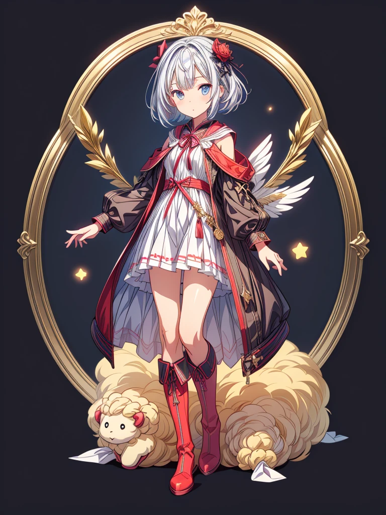 (((1girl)))、Star Fairy、vtuber-halfbody、(((highest quality、Masterpiece、The best composition、Golden Ratio、Official Art、Super detailed、Super detailedな目)))、ultra detailed, from front, headshot、 blue and white hair color、Short bangs above eyebrows、Short Hair、Standing in front of the viewer、Duffle coat、Sheepskin Long Boots、Pure white simple background、