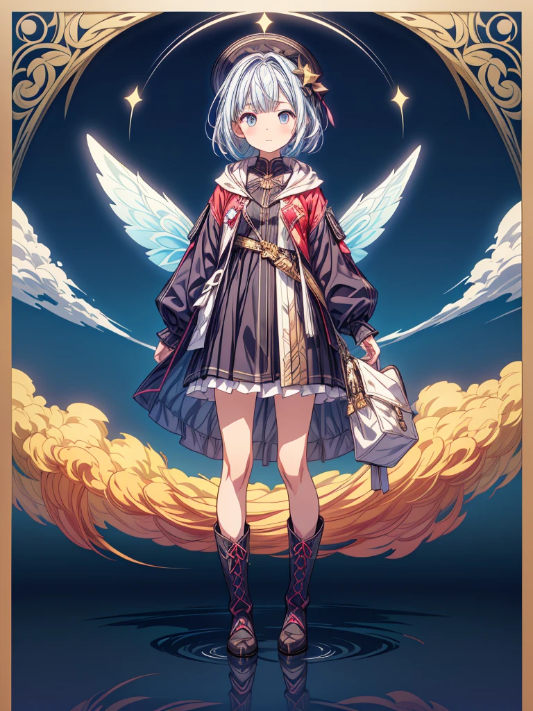 (((1girl)))、Star Fairy、vtuber-halfbody、(((highest quality、Masterpiece、The best composition、Golden Ratio、Official Art、Super detailed、Super detailedな目)))、ultra detailed, from front, headshot、 blue and white hair color、Short bangs above eyebrows、Short Hair、Standing in front of the viewer、Duffle coat、Sheepskin Long Boots、Pure white simple background、