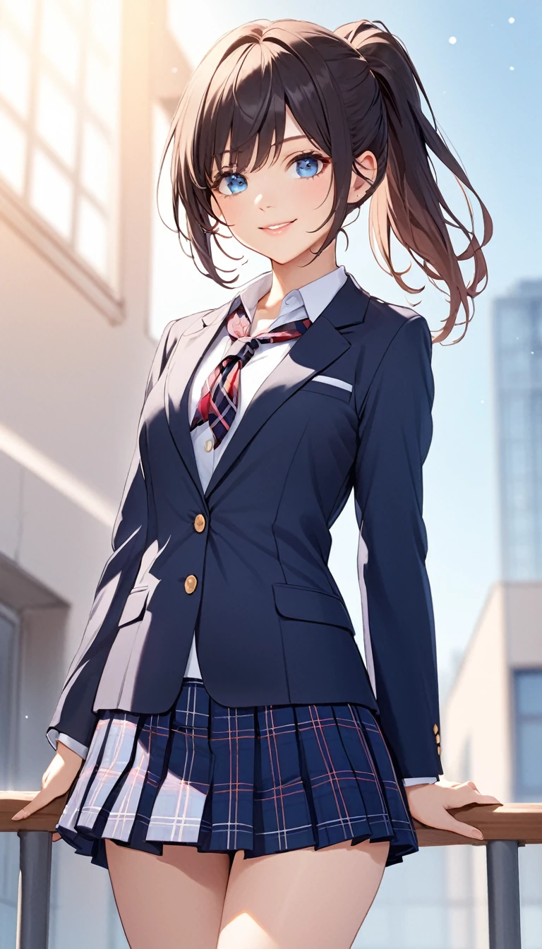 one girl, school blazer, light blue eyes, cowboy shot, plaid skirt, short skirt, pony tail, beautiful, neckerchief, smile