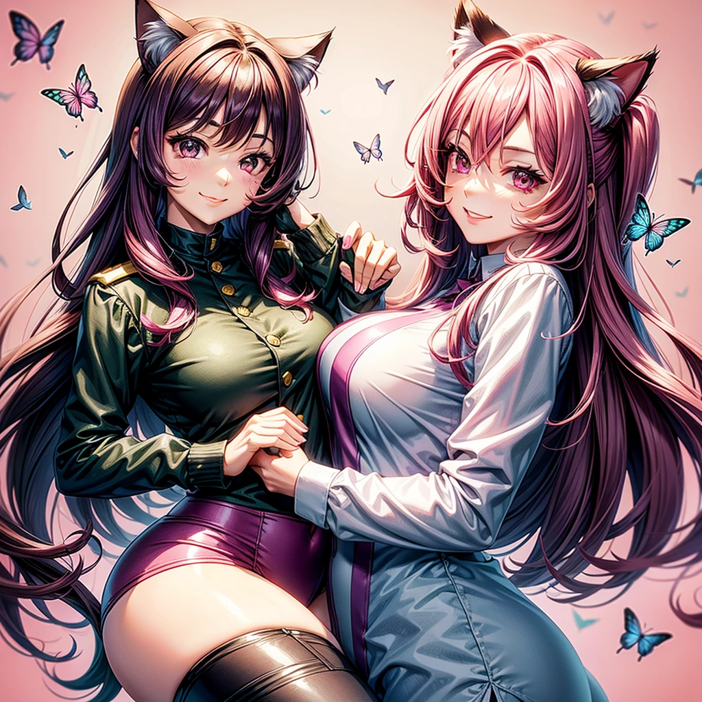 Magenta hair, brown eyes, older woman, long thick hair, pretty hair ornaments, smile face, happy, cat ears, sexy uniform outfit, butterflies, pink and green background
