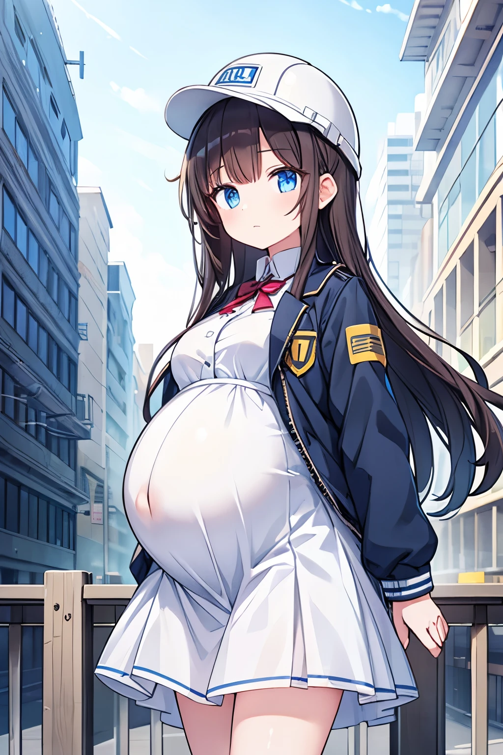 (high quality), 1girl, young girl, long dark hair, engineer, (pregnant), uniform, jacket, white safety helmet, skirt, standing, building background, blueprint, (comfortable expressions, detailed eyes, facing at front)