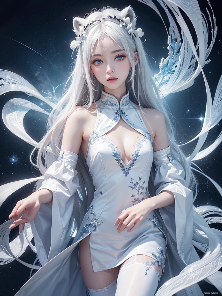 High quality, high resolution, fractal art, white hair, blue eyes, long haired beautiful girl and white tiger, white cheongsam with delicate embroidery and silver thread edging, carrying the white tiger spirit, Korean glitter eye makeup, very delicate makeup, sparkling, small breasts