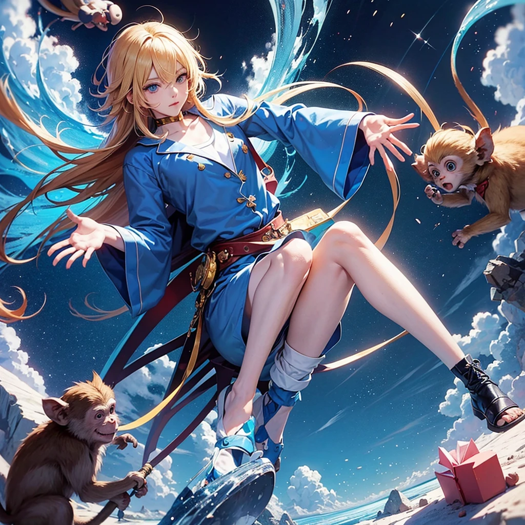 anime boy, estilo 2d, Beautiful, with blue eyes,blond hair, wear a full body monkey pajamas,2D anime style, anime fund