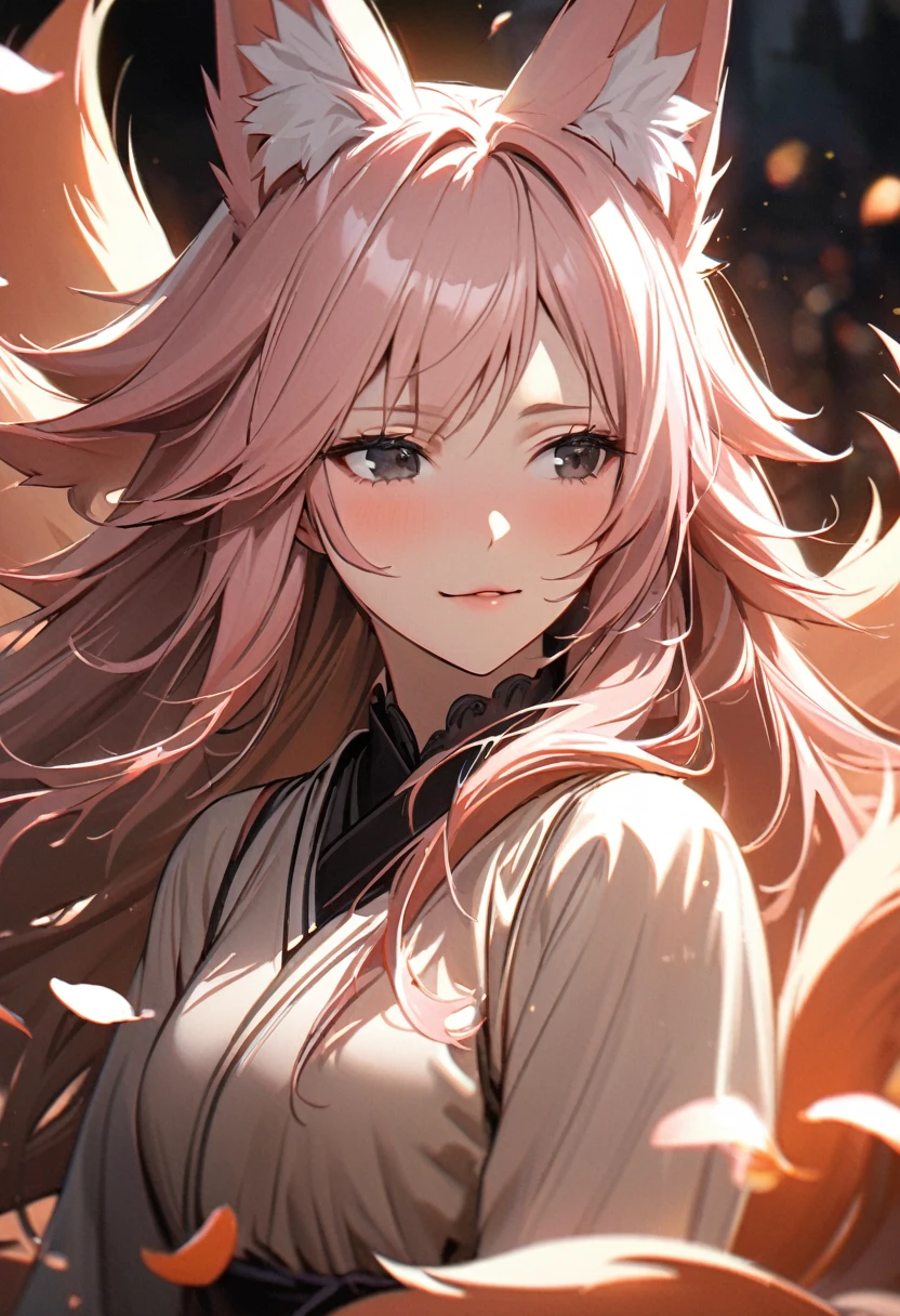 female, nine-tailed female, female fox, nine-tailed fox, fox ears, white hair, pink hair, long hair, black eyes, p mature, dress, flying petals, super detail,  high quality, macro picture, deeper chin, Japanese, gentle, sweet
