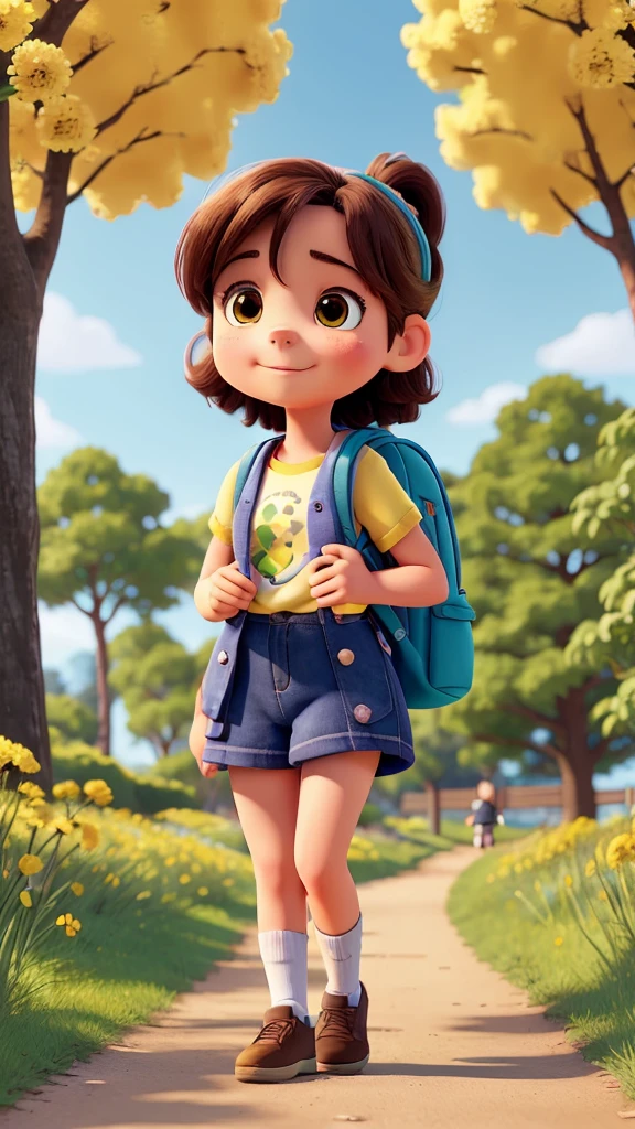 A very cute ，Carrying a backpack and her cute puppy，Enjoy a beautiful spring walk，Surrounded by beautiful yellow flowers and nature. The illustration is a high-definition illustration in 4K resolution，With very detailed facial features and cartoon-style visuals.