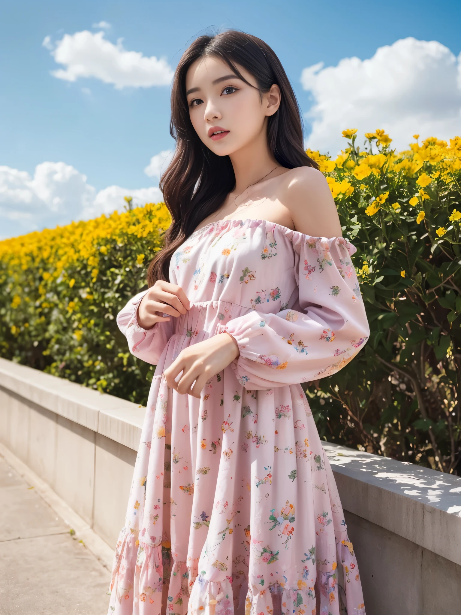 feature is、A young woman with big blue eyes and long flowing hair that changes color from blue to pink.。she、Standing against a bright, clear blue sky with a few white clouds。women are、A white, loose long-sleeved top is draped over the shoulders.、She is wearing a colorful and vibrant strapless dress.。Pink for the dress、yellow、Various green floral patterns are drawn、It features gradations such as blue and orange.。Her expression is soft、Looks like you're a little curious。Hold the edge of the dress with one hand、Pull a little to the side、The other hand is lightly placed on her hip。Red all around、yellow、Large orange colorful petals scattered、It gives the scene a bright and lively atmosphere.。