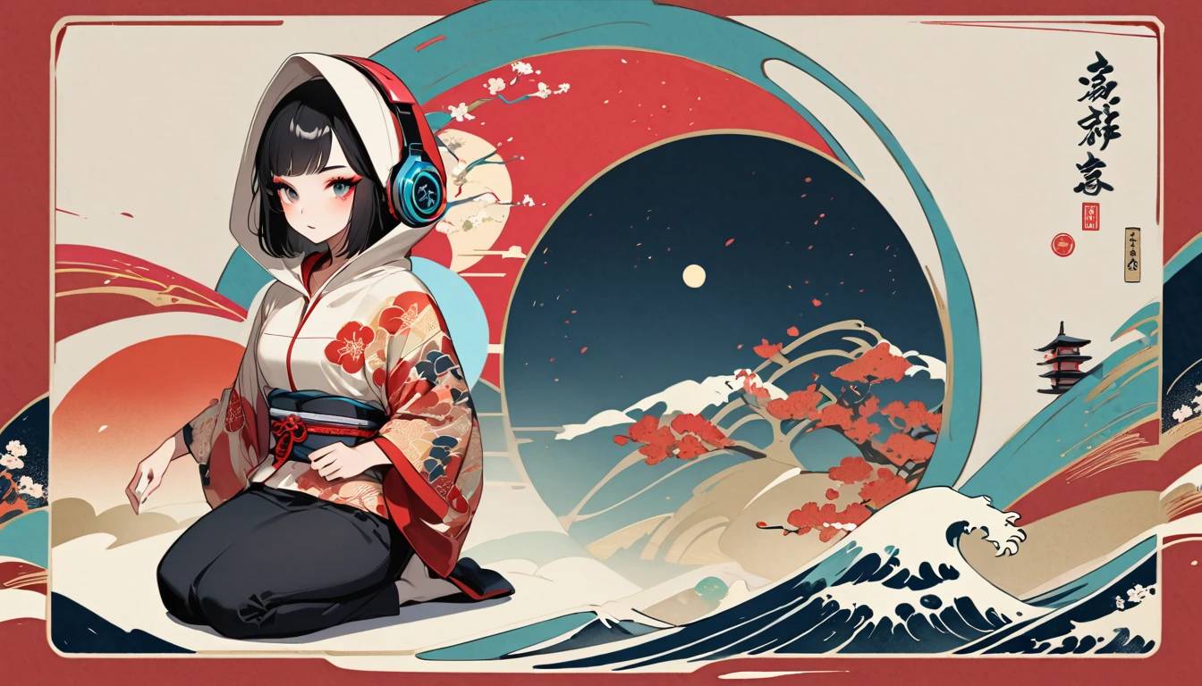 (((girl))), (((seiza))), (((full BODY))), (((Flashy makeup))), (((Japanese style headphones))), (((Japanese pattern hoodie))), (((Put on the hood))), Japan人の美少女, Black Hair, Bob, Delicate and precise, Modern ukiyo-e style,Japan, Japanese flag, vivid color