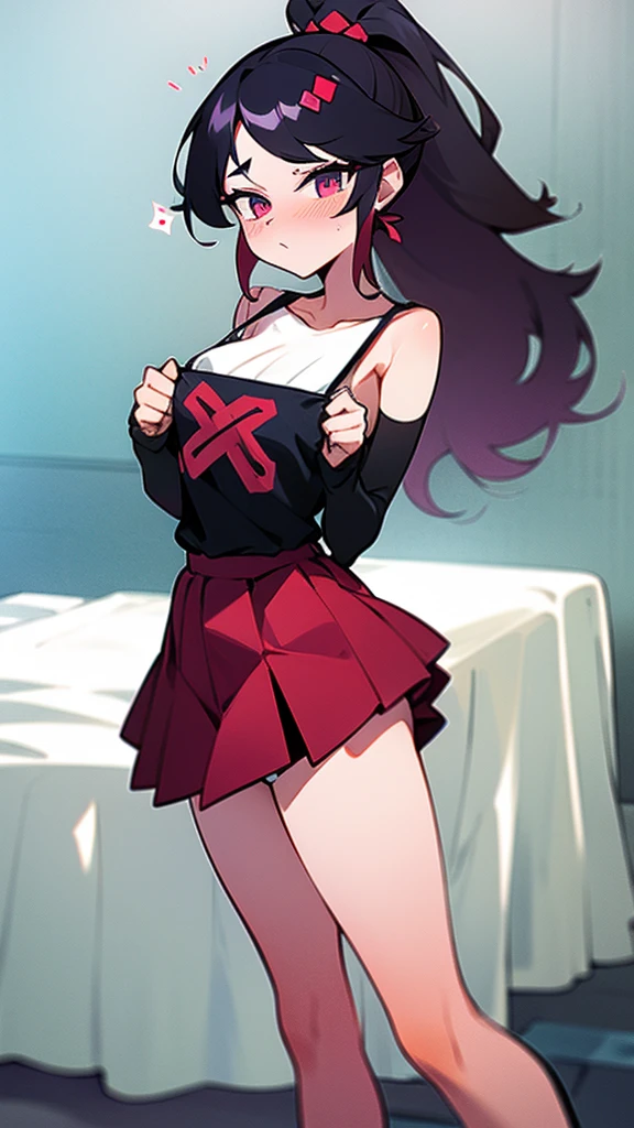 high tail hairstyle, Ponytail hairstyle, Long wavy black hair, standing posing, anime girl style, pixel art anime style,penetrating look with deep eyes,red and purple eyes, hair with a ponytail hairstyle trapped with a big red bun, Women, red hair clips, x color shaped hair clips , smiling face blush, next to his bed, lingerie, Tank Top, Black hair, mini skirt, big thighs,