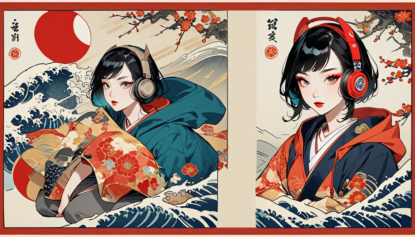 (((girl))), (((seiza))), (((full BODY))), (((Flashy makeup))), (((Japanese style headphones))), (((Japanese pattern hoodie))), (((Put on the hood))), Japan人の美少女, Black Hair, Bob, Delicate and precise, Modern ukiyo-e style,Japan, Japanese flag, vivid color
