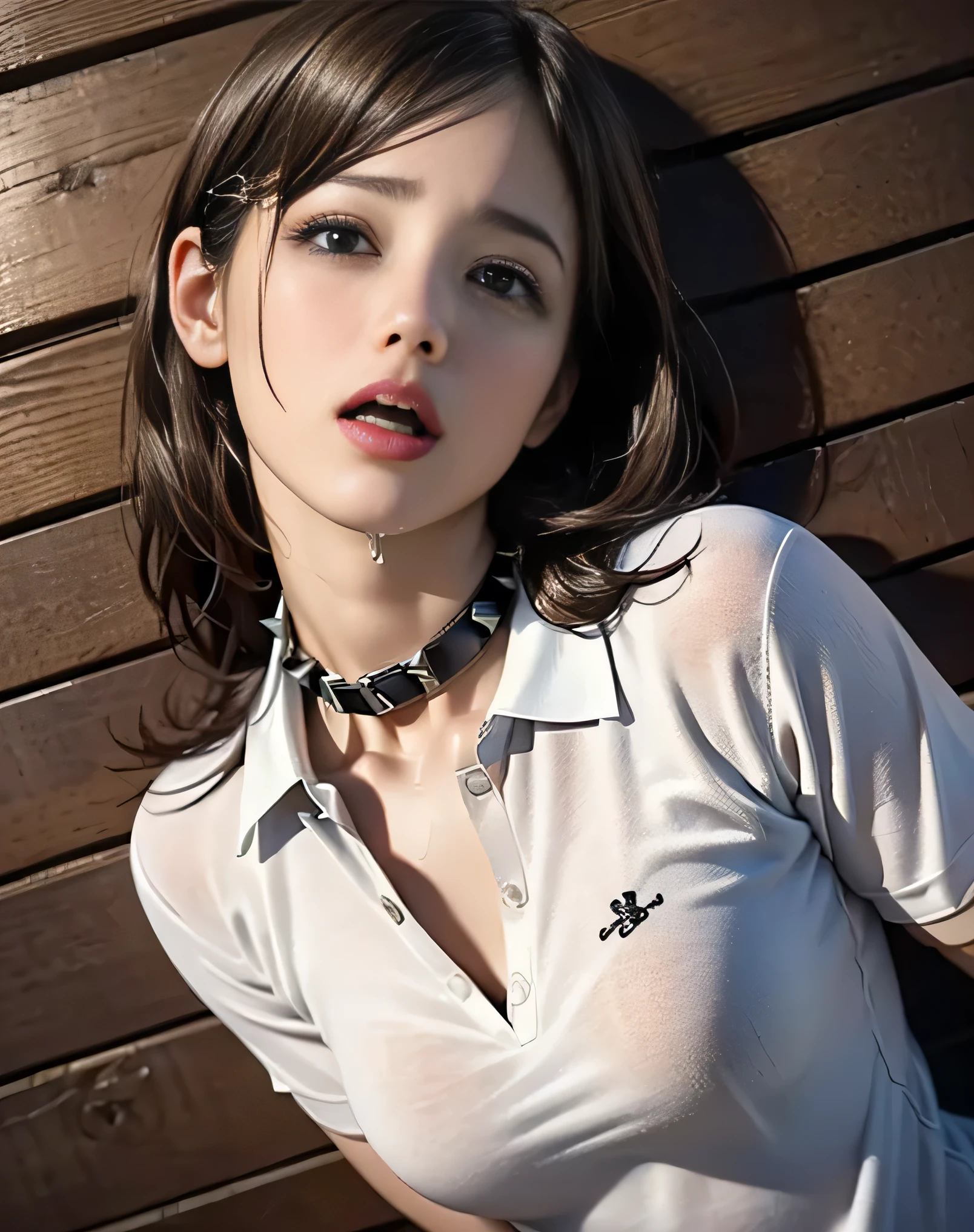 (photorealistic:1.6),(High resolution:1.6),(solo, one woman:1.5),(Thin woman:1.2),(beady eyes),(large eyes),(Light brown hair),(extremely long hair),(cool beauty:1.3),chuuChloe,(Personality is lewd),(Slender Body),(flaunt muscles),(amazing orgasm:1.4),(small breasts),(ahegao:1.6),(Ecstasy:1.3),(masochistic),(Sexual arousal),(Plain polo shirt:1.5),(Wooden plank wall),(Elegant lady),(Woman being sexually tortured:1.5),(Stud collar:1.5),(Fainting:1.5),(Big tears:1.3)