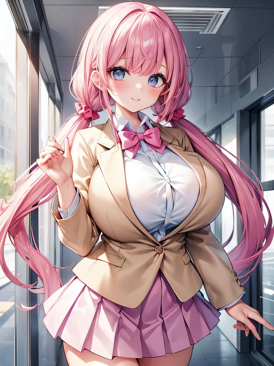 Best Quality,Detailed and cute eyes,Very cute face,(Solo Girl),(gigantic breasts:1.5),(Pink hair),(low twintails:1.4),Scrunchie,(Big light blue eyes),A very happy smile,Open your mouth wide,View Viewer,BREAK,(Student Uniform,Beige blazer,Wear a blazer over a button-down collared shirt,Red bow tie,Pink pleated skirt:1.5),Are standing,School corridor,Cowboy Shot,Dynamic Pose