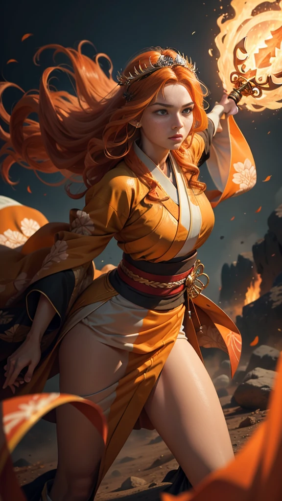 Young princess ((fighting monsters)), striking figure, long flowing ginger hair, wavy hairs, fair skin, (freckles), ((kolito)), innocent and regal appearance, expressive green eyes are filled with a mix of curiosity and determination, her slender frame, elegant grace, vibrant (((orange kimono))) with white and black decorations, very long sleeves, feather headdress, no background, combat pose, dynamic pose, holding a staff