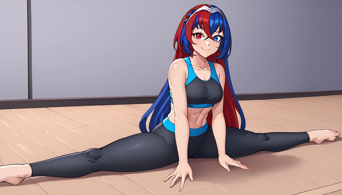 1girl, solo, aleardef, heterochromia, blue eyes, red eyes, multicolored hair, red hair, blue hair, braid, crossed bangs, very long hair, tiara, yoga pants, sports bra, smile, Sitting, On the floor, (Split Horizon), stretch, (horizontal splits), stretch regs, hands on floor