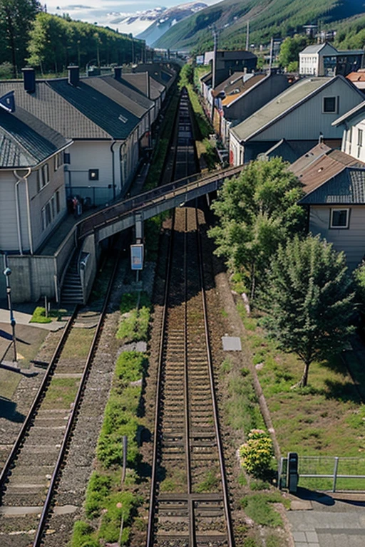 railway station in norway, single track, terminus tall, isometric, summer, close to buildings, street, platform, train