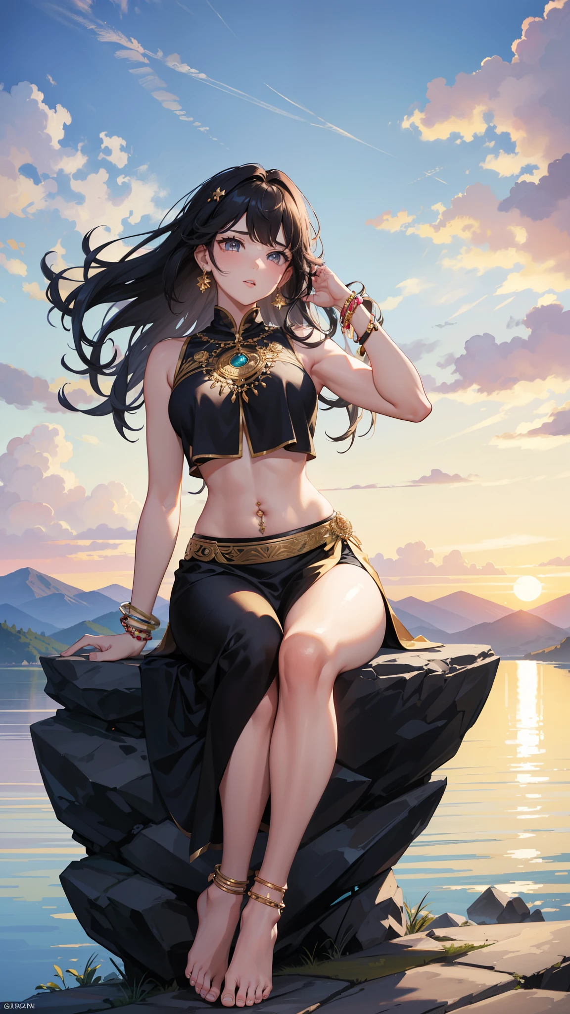 A beautiful girl, sitting on rock ,giving a pose, wearing black saree,sleeveless blouse, traditional blouse, Indian culture, Indian tradition,both hands on hairs, seducing face,cold weather,wind breeze, beautiful sunset,birds flying,boat,cute pose, looking somewhere,sweaty top,wavy hairs, black long hairs, beautiful eyes,red lips, mountains,from top view, beautiful sceneary, beautiful landscape, beautiful nature,((high quality, 8k resolution, ultra high quality,best image quality,best image clarity)), sports top,large breasts,curvy body,fit body, blushing face,red cheeks,pink petals, beautiful trees, beautiful view,hairs waving through wind,seen from front, muscular arms,watch on left hand, looking for someone,tall girl,one feet forward, bracelet,gold ornaments,navel piercing,closer view