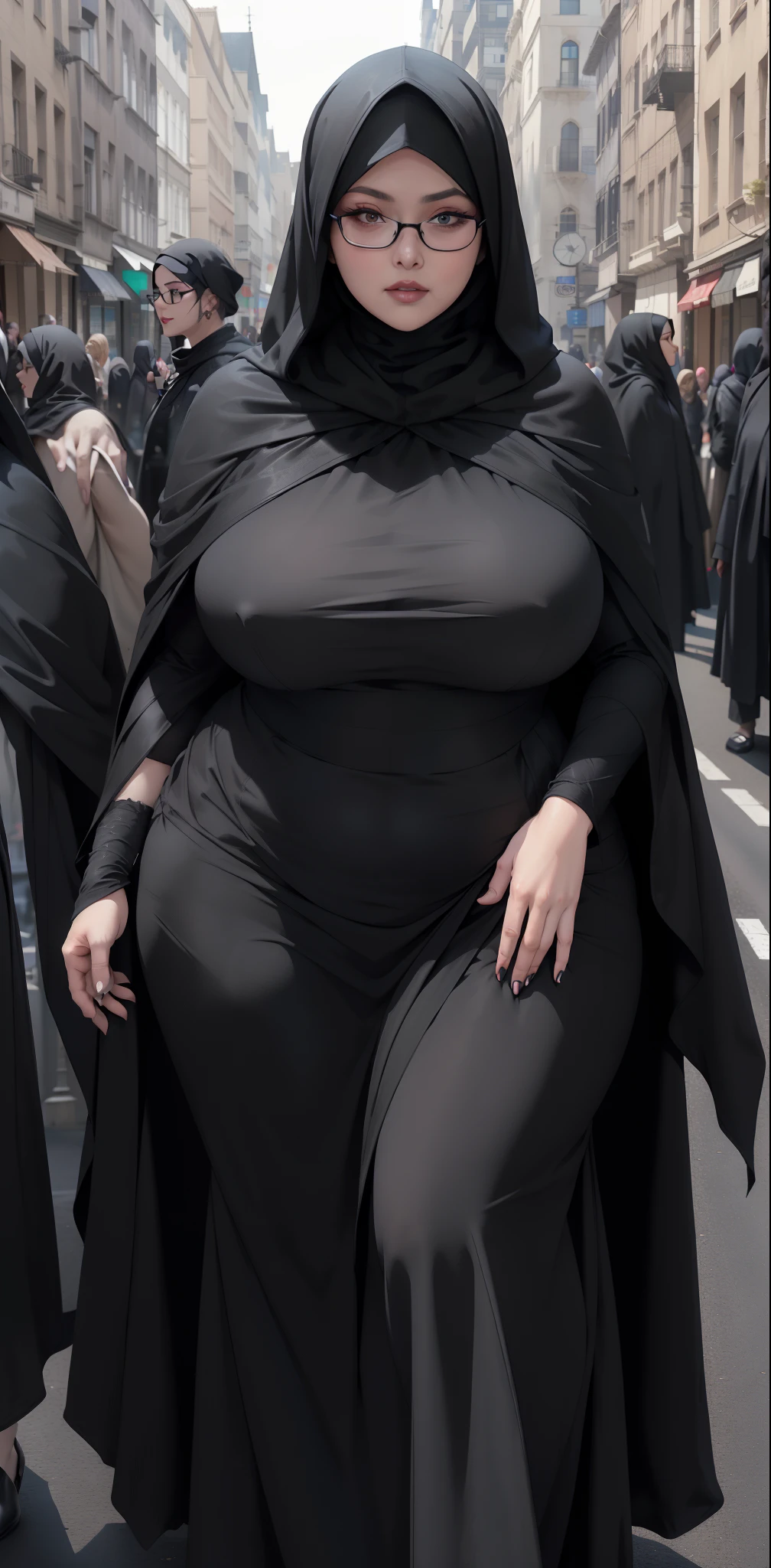 woman in black dress and hijab walking down the street, wearing black clothes and cape, hijab outfit, with a long black cape, hijab fashion model, plus size, plus size woman, wearing black robe, woman in black robes, beautiful burqa's woman, thicc, black outfit,, wearing a black robe, black, with cape, bbwchan , glasses 