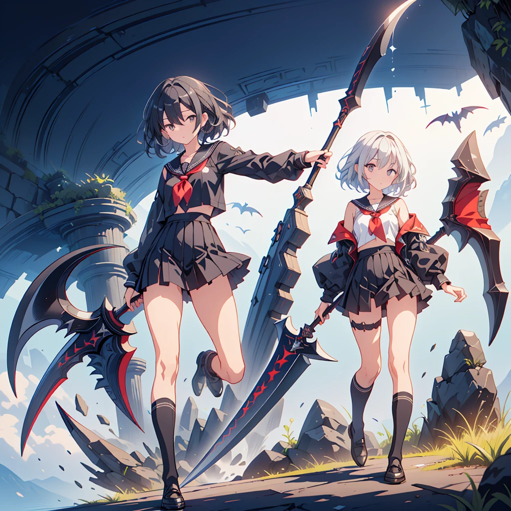 (masterpiece, Highest quality), (perfect athletic body:1.2), (Thin Hair), Very detailed, Anime Style, whole body, alone, Vampire Hunter, Black Sailor Suit, big grim reaper scythe, Black Hair, High Boots, Standing in the Wilderness,Navy blue knee socks,Black Loafers、 8K high resolution, White Background, whole body,