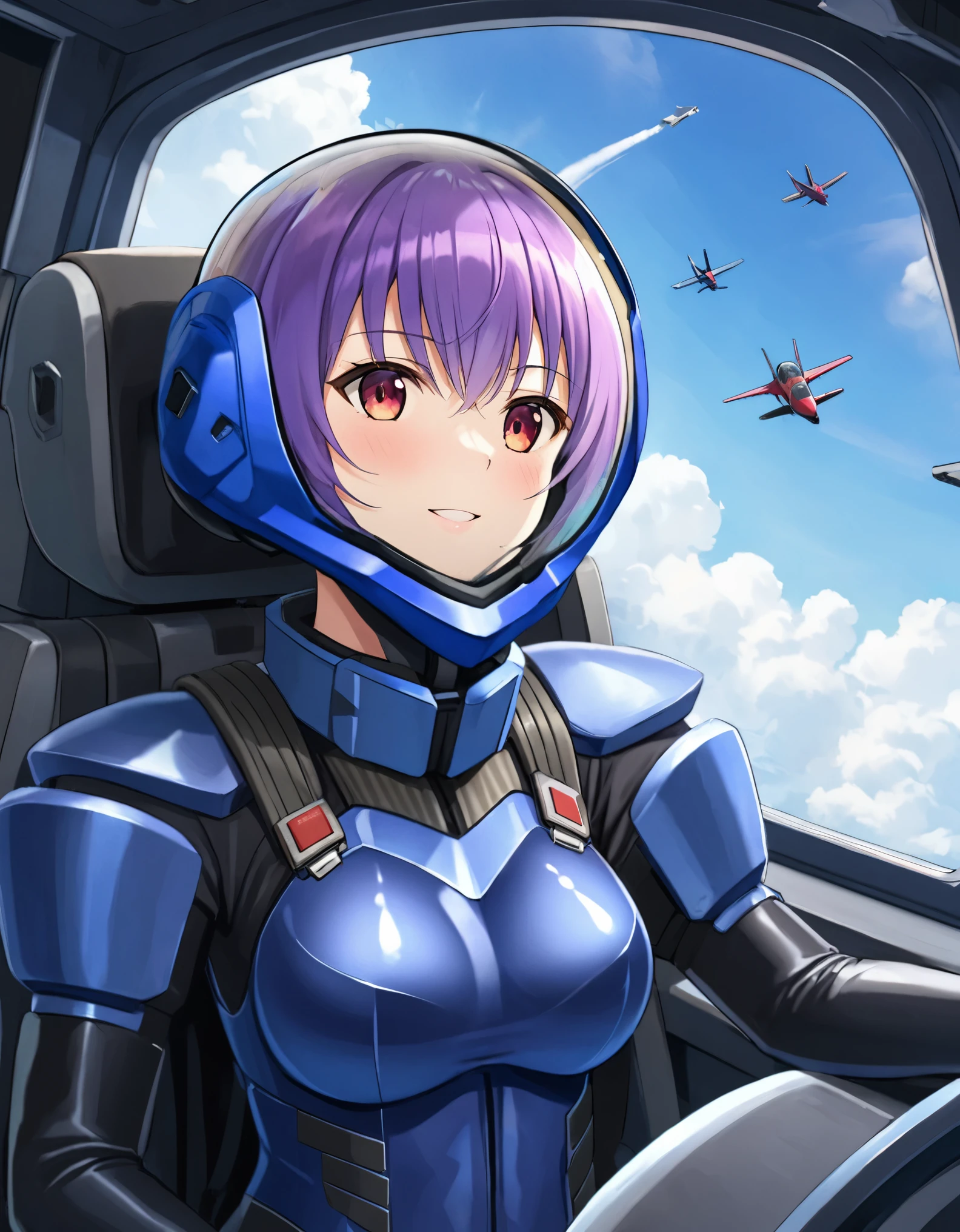 ((Female pilot in the cockpit of a reconnaissance plane), (airplane cockpit), (in flight), (10000 feet altitude)、(sky view):1.7),, short hair, street, emo, PINK hair, white eyes, eyeliner, apocalypse, girl, nside the (cockpit:1.9) of a (futuristic spaceship:1.6), , blush,sitting on a chair, covered navel, space helmet, muvluv, space helm, plug suit , space helmet, eva helm, space suit, short hair, from side, SMILE, , FULL BODY,purple hair:1.2),, blue bodysuit,, (top-quality、in 8K、32K、masterpiece、nffsw、超A high re\solution、Impresionismo、