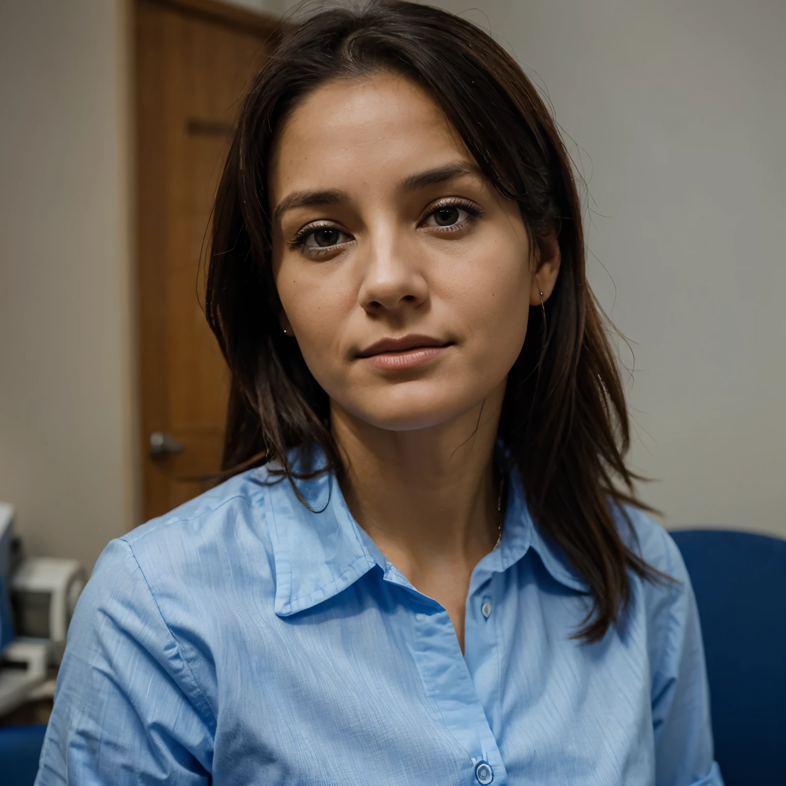 Portrait of a 40 year old woman wearing a blue and white shirt. Examining a patient