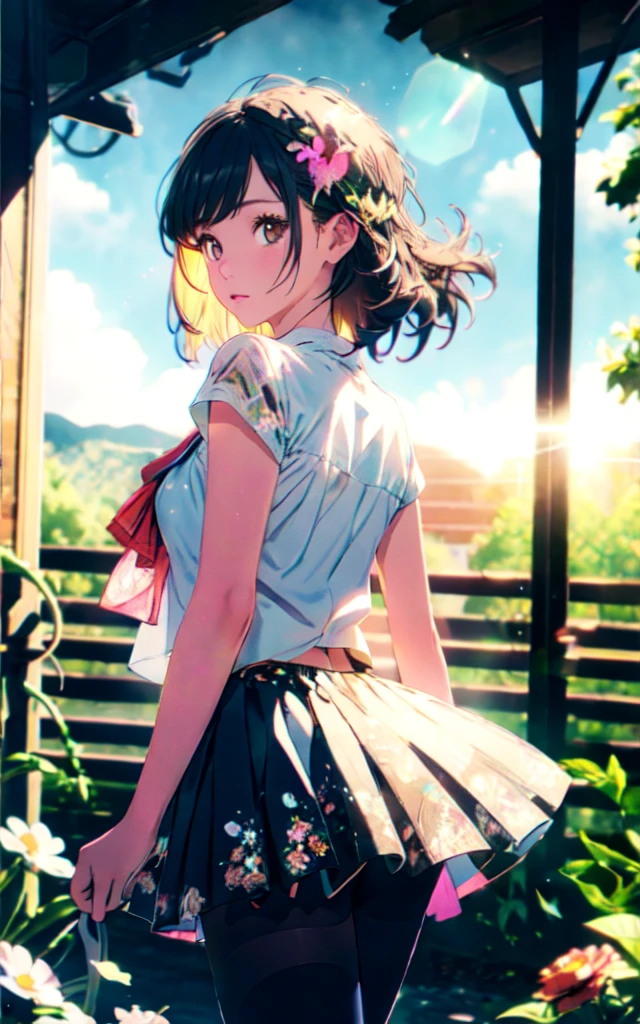 Front facing, facing this way、
Gal&#39;s more beautiful smile、
More cute casual summer outfits、Cute mini skirt、
More beautiful thighore beautiful colorful pantyhose、
Beautiful dark clouds, (Cowboy Shot:1.4), Beautiful and realistic, 
Beautiful masterpiece, Beautiful and top quality, Beautiful backlight, (Lens flare:1.1), (bloom:1.1), (chromatic aberration:1.1)

flowerpunk