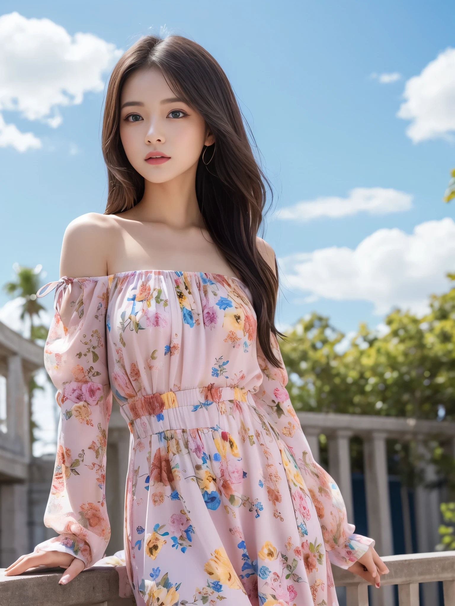 feature is、A young woman with big blue eyes and long flowing hair that changes color from blue to pink.。she、Standing against a bright, clear blue sky with a few white clouds。women are、A white, loose long-sleeved top is draped over the shoulders.、She is wearing a colorful and vibrant strapless dress.。Pink for the dress、yellow、Various green floral patterns are drawn、It features gradations such as blue and orange.。Her expression is soft、Looks like you're a little curious。Hold the edge of the dress with one hand、Pull a little to the side、The other hand is lightly placed on her hip。Red all around、yellow、Large orange colorful petals scattered、It gives the scene a bright and lively atmosphere.。