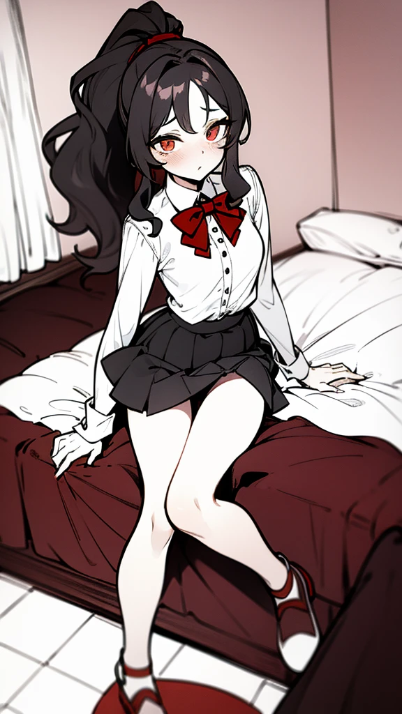 using pantimedies, wavy black hair, piercing look with deep red eyes, average stature, Silky hair with a ponytail hairstyle collected with a red bow with two white lines, with clothes, has a vagina, has breasts, cup of breasts, small breasts, slim, foreground, Session, sitting in her room, sitting on the floor of her room, wearing pantyhose, using pantimedies, Picardias, short skirt, shoes, blouse with straps, blush, opening her legs making her panties visible, open legs, perfect white panty, Skirt fluttering in the wind, grabbing the skirt with both hands