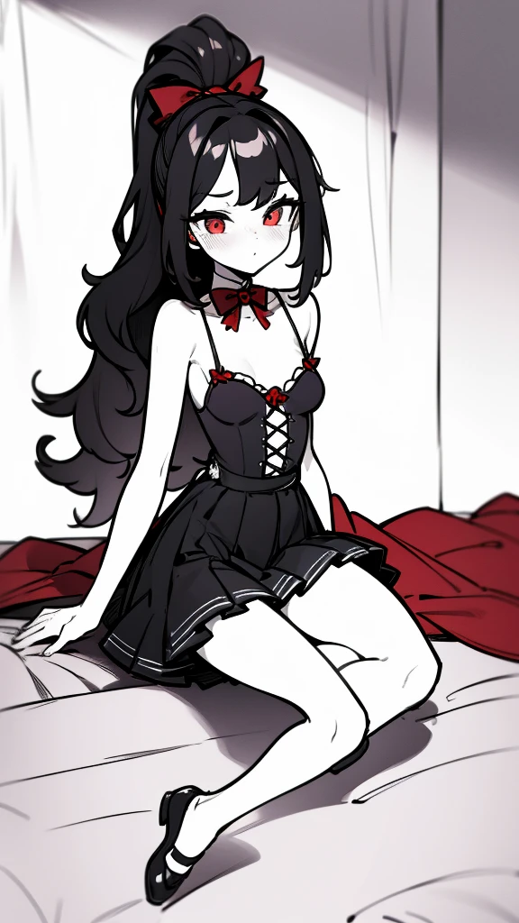 using pantimedies, wavy black hair, piercing look with deep red eyes, average stature, Silky hair with a ponytail hairstyle collected with a red bow with two white lines, with clothes, has a vagina, has breasts, cup of breasts, small breasts, slim, foreground, Session, sitting in her room, sitting on the floor of her room, wearing pantyhose, using pantimedies, Picardias, short skirt, shoes, blouse with straps, blush, opening her legs making her panties visible, open legs, perfect white panty, Skirt fluttering in the wind, grabbing the skirt with both hands 