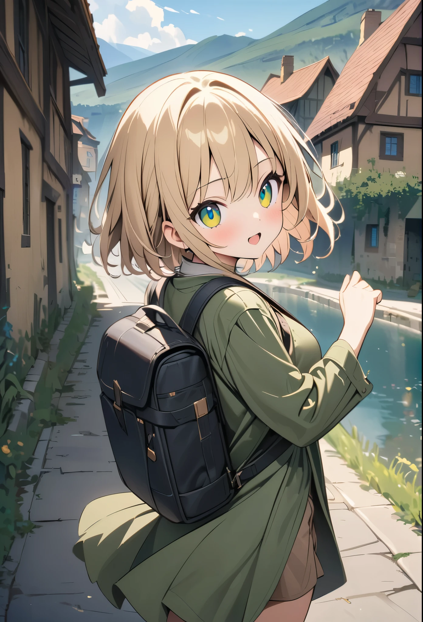 anime、デジタルanimeアート、animeーション、(masterpiece:1.2)、high quality、High resolution、Very detailed、Amazingly absurd、Exotic lands、Girl carrying a backpack、Traveling alone、Standing on the side of the road to hitchhike、European countryside background、Short Bob、cute