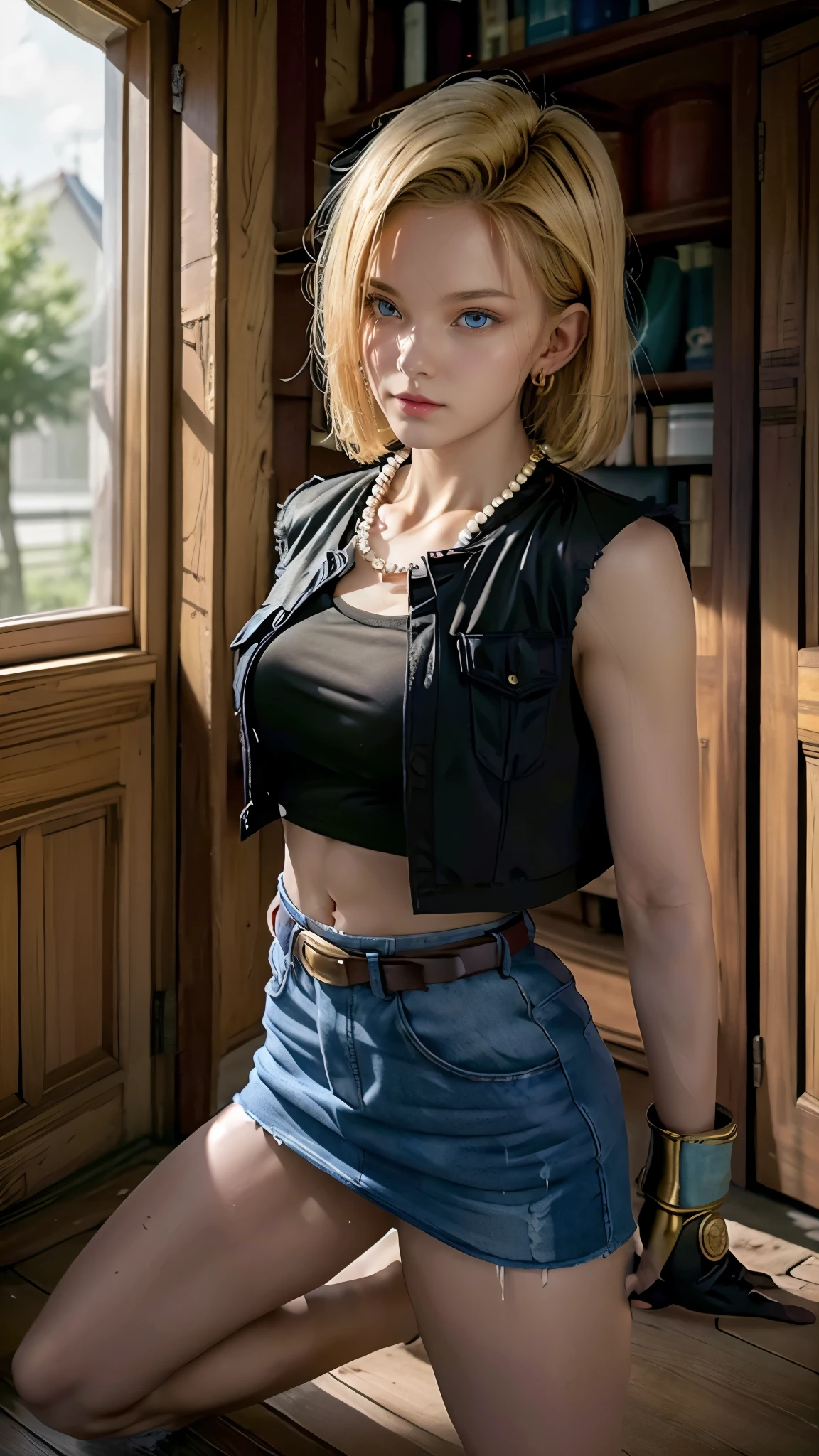 Moisturized skin,Realistic body,Android,(16 years old),(Girl),,,Collarbone,Earrings,Denim,(Cute face),
BREAK,
Bright red lipstick,(Beautiful navel),(Golden hair),Beautiful hair,Short hair,
BREAK,
((Masterpiece+Top quality+High resolution+Very detailed)), (Full body:1.2),Symmetrical,One cut,
BREAK,
(Wind blows),(Blue electricity),
BREAK,
Assassination,,Fantastic,Dynamism,((In the middle of a war, Combat stance),(Fires everywhere, Bloody, Chaos),(Android 18),Jewelry,Denim,Belt,Vest,Black leather gloves,Necklace,Jeans,