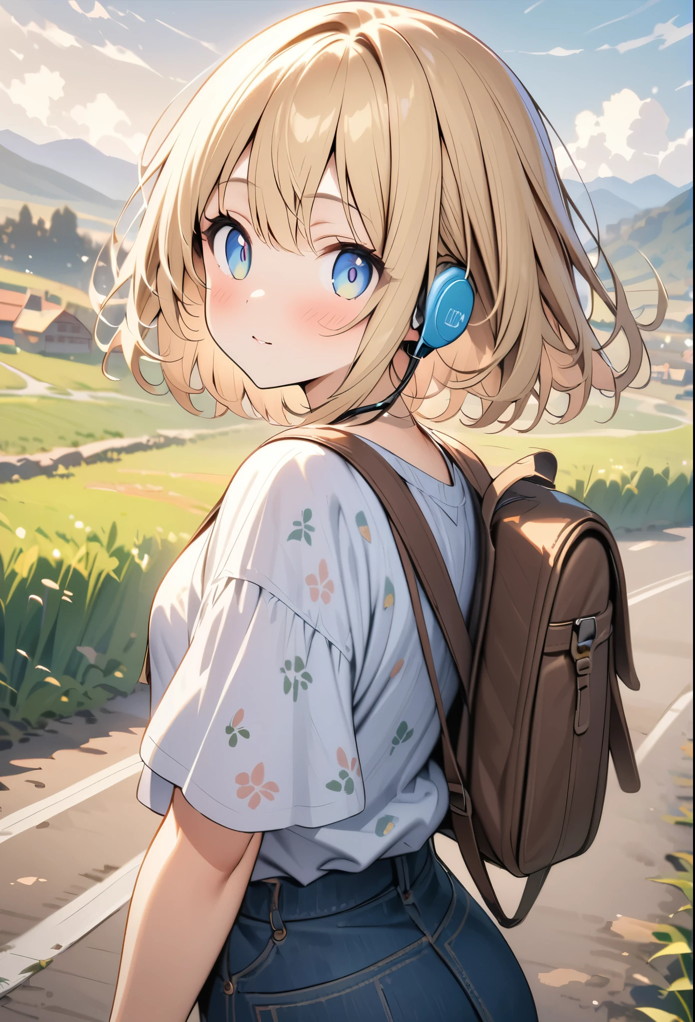 アニメ、デジタルアニメアート、アニメーション、(masterpiece:1.2)、high quality、High resolution、Very detailed、Amazingly absurd、Exotic lands、Girl carrying a backpack、Traveling alone、Standing on the side of the road to hitchhike、European countryside background、Short Bob、cute、Backpack、Patterned T-shirt、Half Jeans、Upper Body、Straw hat、Blonde、Blue Eyes
、earphone