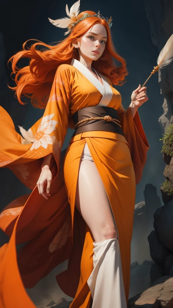 Young princess ((fighting monsters)), striking figure, long flowing ginger hair, wavy hairs, fair skin, (freckles), ((kolito)), innocent and regal appearance, expressive green eyes are filled with a mix of curiosity and determination, her slender frame, elegant grace, vibrant (((orange kimono))) with white and black decorations, very long sleeves, feather headdress, no background, combat pose, dynamic pose, holding a staff