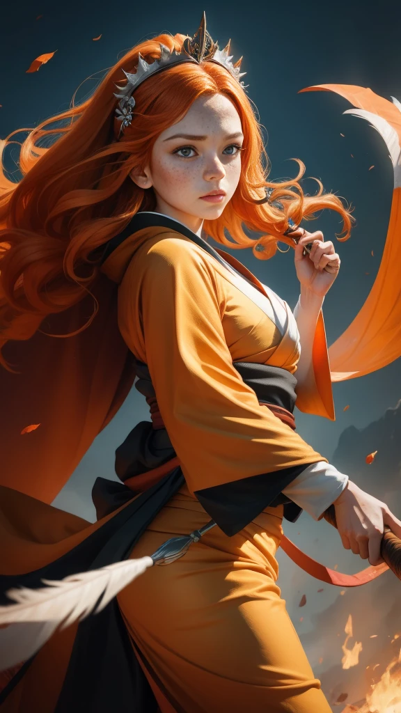 Young princess ((fighting monsters)), striking figure, long flowing ginger hair, wavy hairs, fair skin, (freckles), ((kolito)), innocent and regal appearance, expressive green eyes are filled with a mix of curiosity and determination, her slender frame, elegant grace, vibrant (((orange kimono))) with white and black decorations, very long sleeves, feather headdress, no background, combat pose, dynamic pose, holding a staff