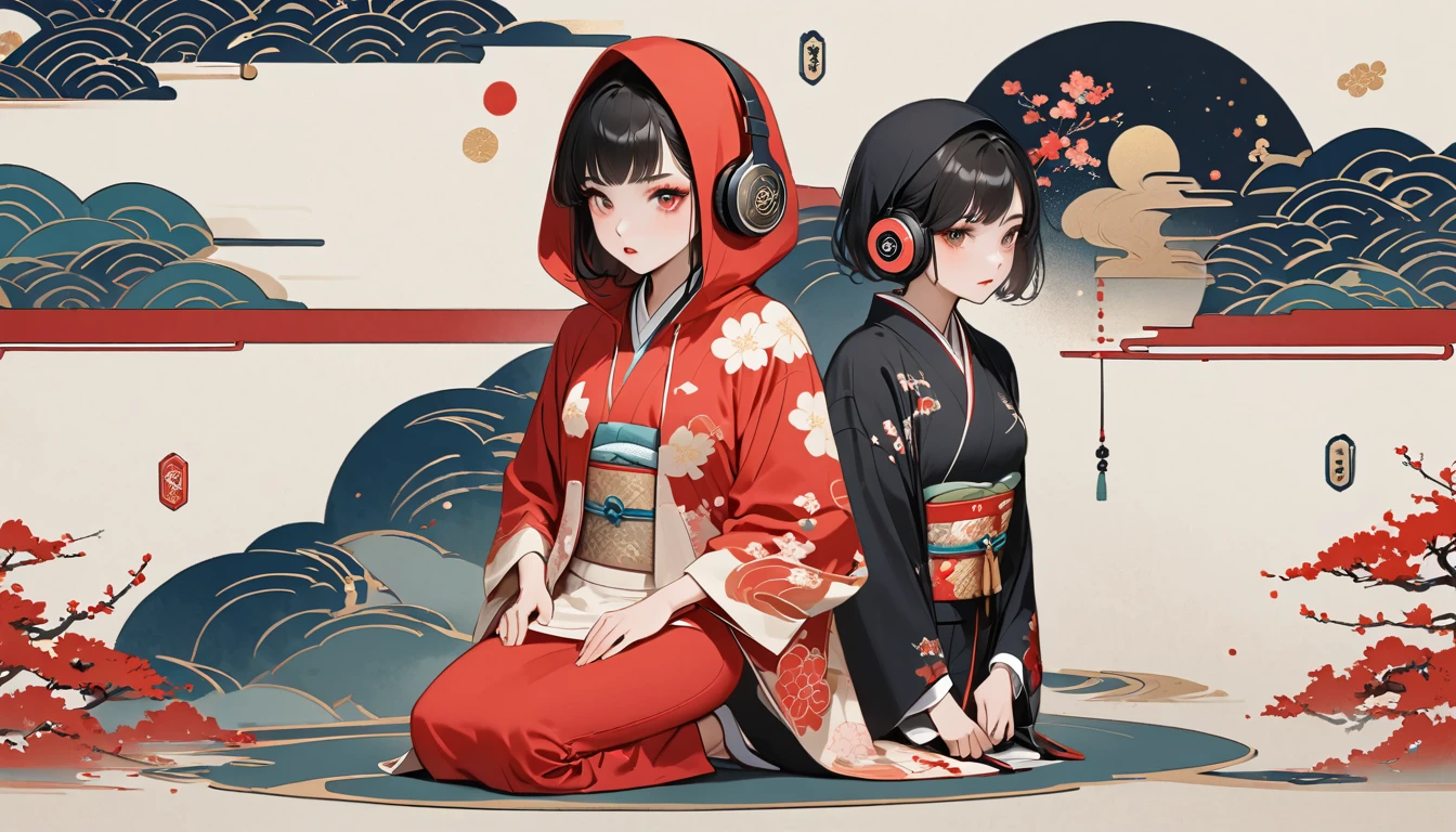 (((girl))), (((seiza))), (((full BODY))), (((Flashy makeup))), (((Japanese style headphones))), (((Japanese pattern hoodie))), (((Put on the hood))), Japan人の美少女, Black Hair, Bob, Delicate and precise, Modern ukiyo-e style,Japan, Japanese flag, vivid color