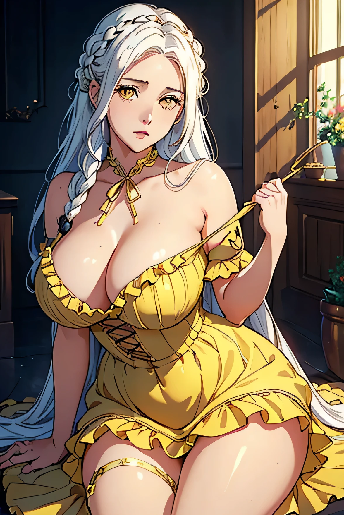 Cute Farmgirl with Braids. ((White haired woman, long hair, curly hair)), Perfectly round face. Beautiful cute face, Big beautiful voluptuous lips, charming beauty, ((gentle expression on your face)), ((beautiful yellow eyes, gold eyes, large and detailed)), Waist slender, Broad Hips ((Dark blue dress with ruffles, modest dress, very high neckline)) (highy detailed)),offcial art, Award-winning digital painting, digital illustration, extreme detail, 4K, ultra HD, Rococo, polished, Intricate, realistic fantasy art, sharp focus, conceptual artwork, arte por WLOP, artgerm, (2D vector illustration) Light, airy, hourglass figure. ellie bamber
