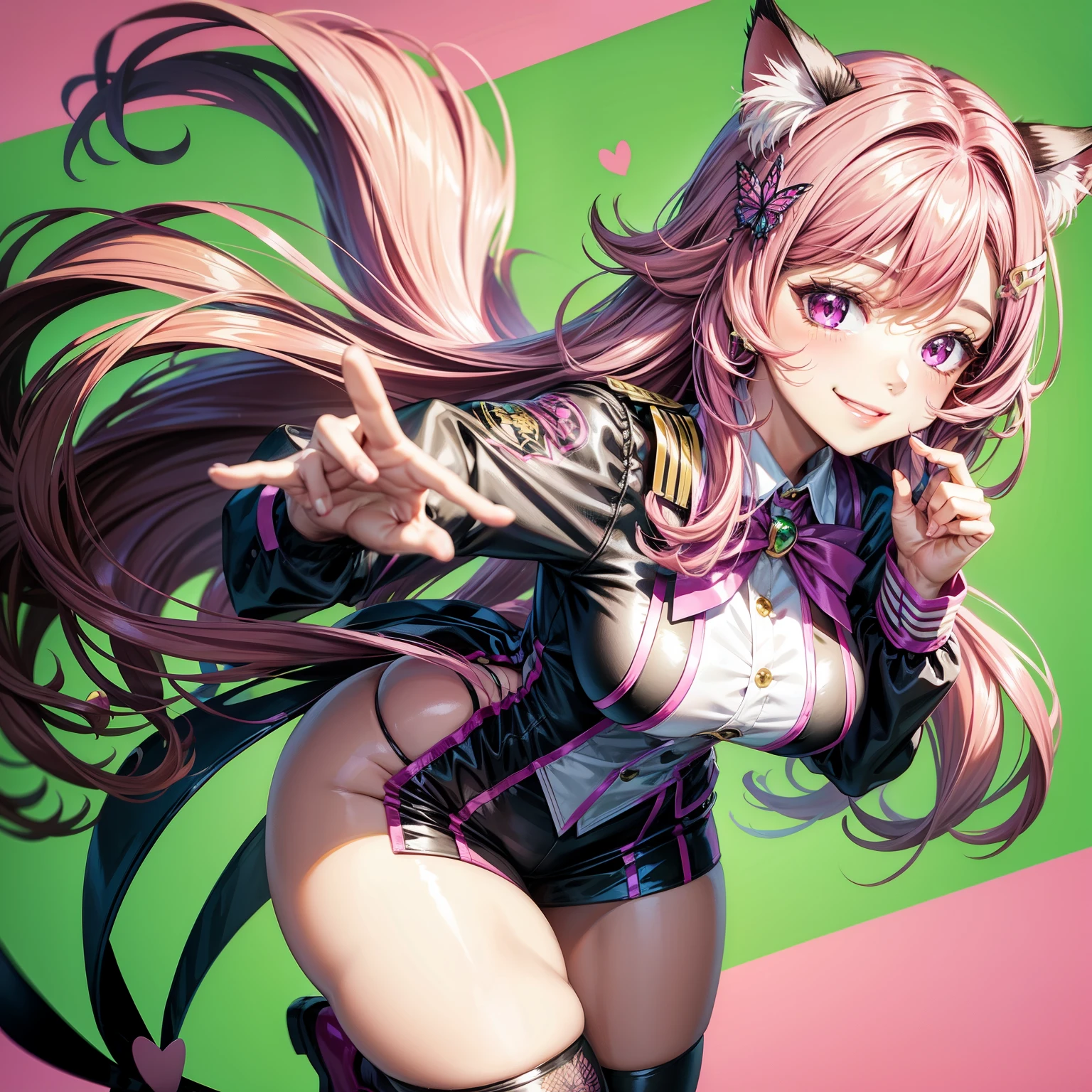 Magenta hair, brown eyes, older woman, long thick hair, pretty hair ornaments, smile face, happy, cat ears, sexy uniform outfit, butterflies, pink and green background 