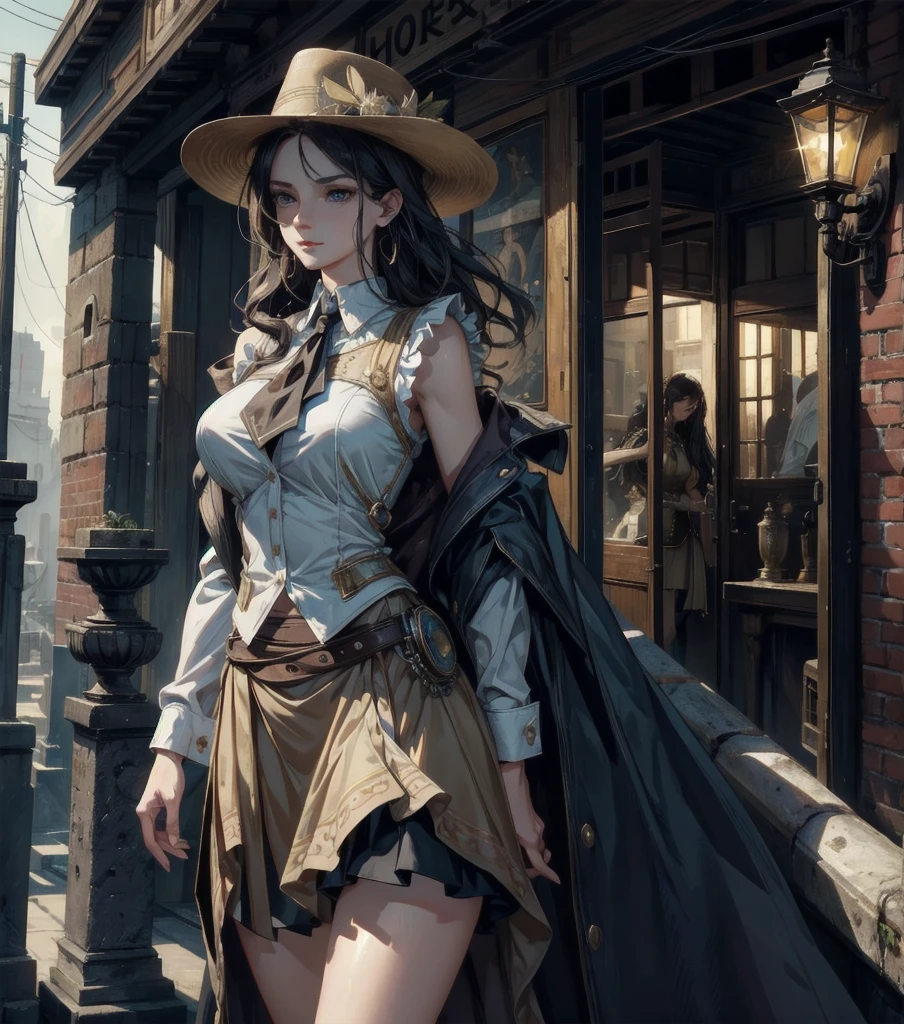 cowboy shot, absurdres, RAW photo, extremely delicate and beautiful, masterpiece, Best Quality, ultra high resolution, 32k, hyperrealistic, ultra-detailed, Very detailed CG 8k wallpaper, detailed background, landscape, Beautiful Lighting, Perfect Lightning, Realistic Shadows, perfect anatomy, anatomically correct, ideal ratio body proportions, perfect figure, Perfect Style, Perfect balance, super Detailed skin, in her 30s, very Slim body, narrow waist, very small head, very small face, delicate facial features, handsome detailed woman, very detailed eyes and face, realistic face proportions, Realistic beautiful face, Realistic beautiful eyes, tearful mole, earring, very huge round tits, medium hair, asymmetrical hair, wavy hair, steampunk fashion, waistcoat, blouse, hat, boots, short skirt, bare shoulder,