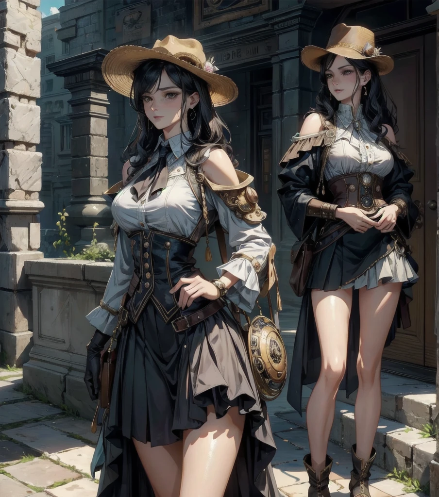 cowboy shot, absurdres, RAW photo, extremely delicate and beautiful, masterpiece, Best Quality, ultra high resolution, 32k, hyperrealistic, ultra-detailed, Very detailed CG 8k wallpaper, detailed background, landscape, Beautiful Lighting, Perfect Lightning, Realistic Shadows, perfect anatomy, anatomically correct, ideal ratio body proportions, perfect figure, Perfect Style, Perfect balance, super Detailed skin, in her 30s, very Slim body, narrow waist, very small head, very small face, delicate facial features, handsome detailed woman, very detailed eyes and face, realistic face proportions, Realistic beautiful face, Realistic beautiful eyes, tearful mole, earring, very huge round tits, medium hair, asymmetrical hair, wavy hair, steampunk fashion, waistcoat, blouse, hat, boots, short skirt, bare shoulder,