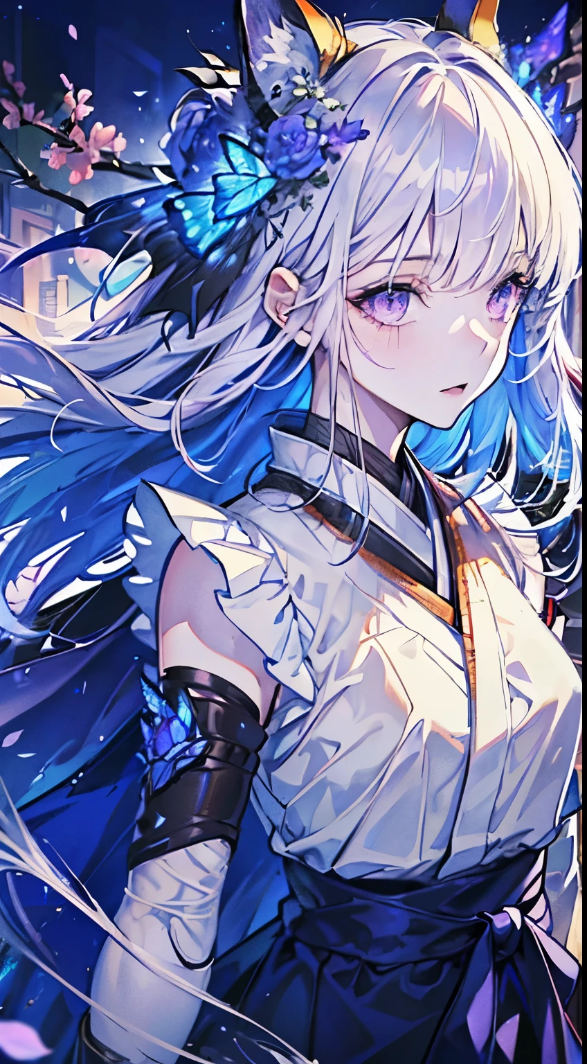 (((Very detailed, 8K quality)))(Realistic eyes, Natural skin texture, Realistic facial details),20-year-old woman,Silver Hair,Fox ears,Flower Hair Ornaments,Blue butterfly fluttering,Petals fluttering,Wearing a white top and black bottom hakama,Wearing purple gauntlets,Purple Eyes