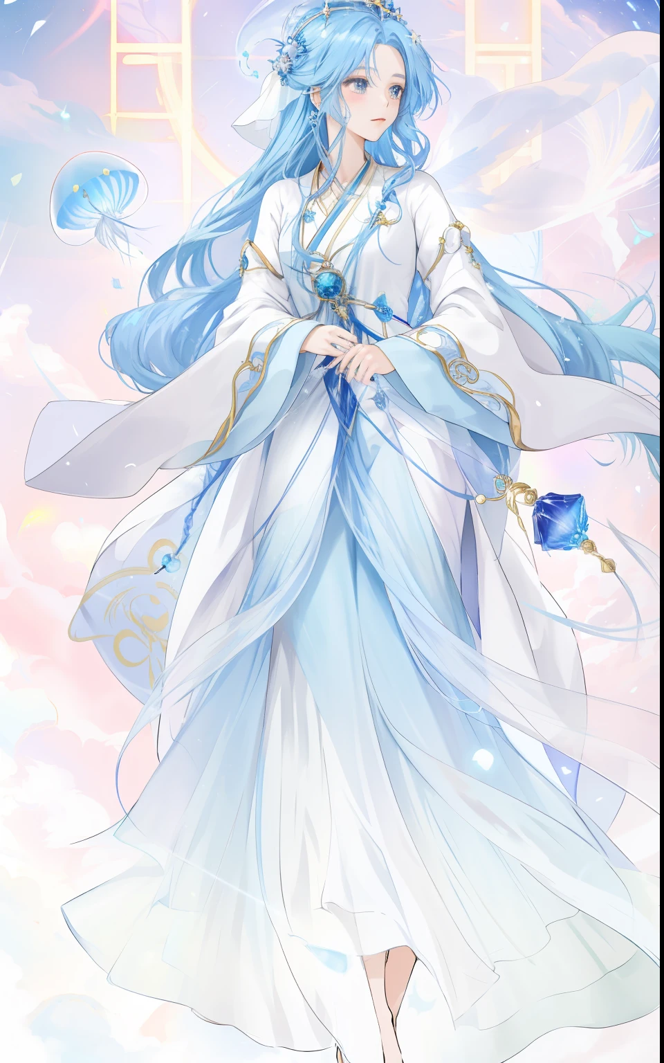Anime girl in blue,Blue hair and blue clothes, Flowing Magic Robe, ((Beautiful fantasy queen)), Star Witch Costume, Full body fairy, Beautiful Celestial Mage, heise jinyao, Beautiful fantasy queen, cotton cloud mage robes, Jellyfish Priestess, ethereal essence, Gorgeous flowing robe, Long flowing hair and robes