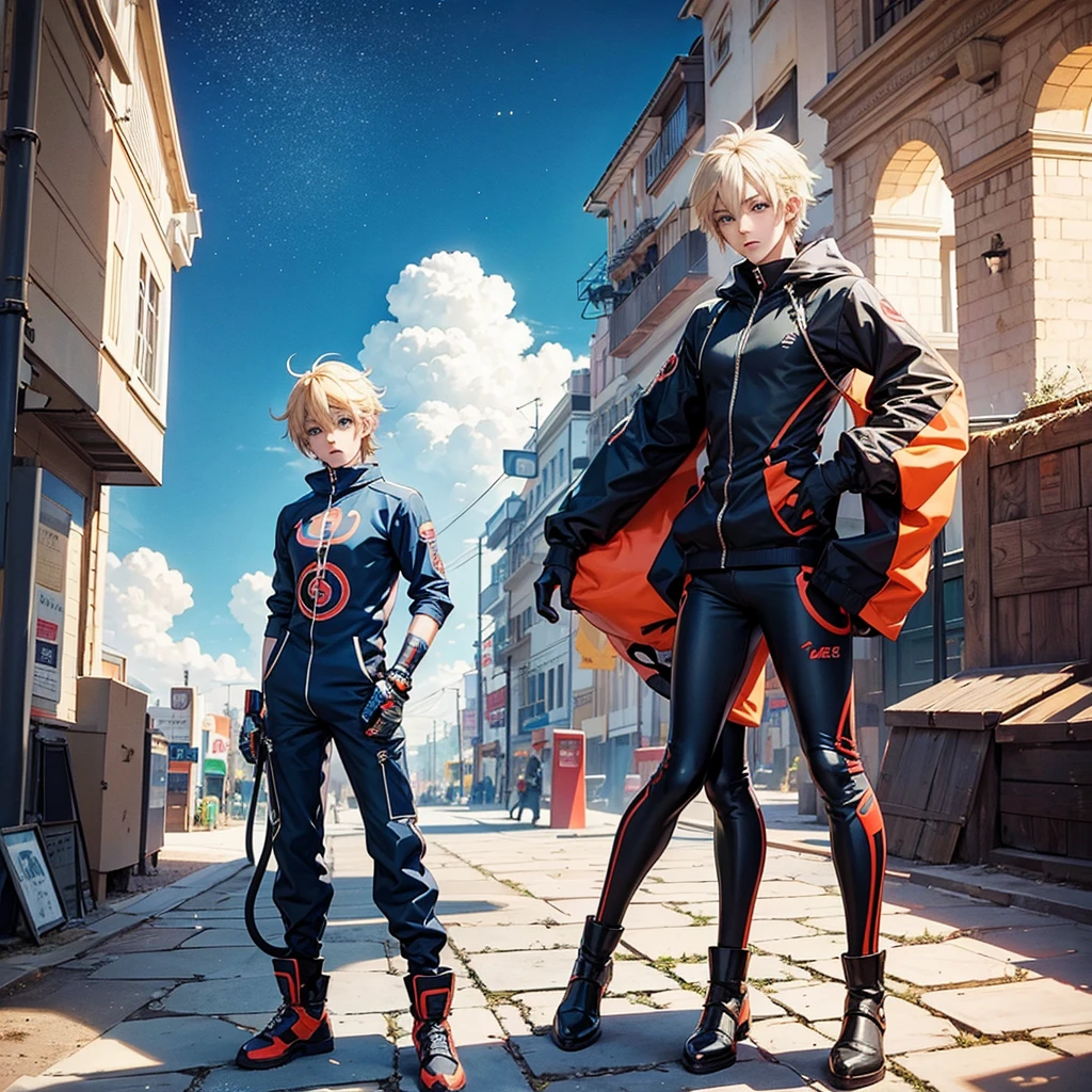 anime boy, estilo 2d, Beautiful, with blue eyes,blond hair, wear a full body monkey suit,2D anime style, anime fund