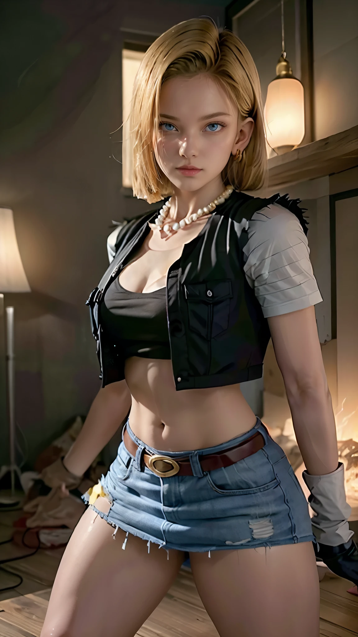 Moisturized skin,Realistic body,Android,(************),(Girl),,,Collarbone,Earrings,Denim,(Cute face),
BREAK,
Bright red lipstick,(Beautiful navel),(Golden hair),Beautiful hair,Short hair,
BREAK,
((Masterpiece+Top quality+High resolution+Very detailed)), (Full body:1.2),Symmetrical,One cut,
BREAK,
(Wind blows),(Blue electricity),
BREAK,
Assassination,,Fantastic,Dynamism,((In the middle of war, Combat stance),(Fires everywhere, Bloody, Chaos),(Android 18),Jewelry,Denim,Belt,Vest,Gloves,Necklace,Jeans,