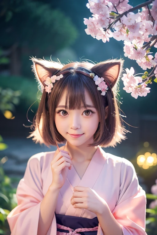 Adorable cat girl, nekomusume, anime style, young woman, cat ears, fluffy tail, large eyes, vertical pupils, cute fang, silky hair, pastel colors, soft fur, kimono with cat paw pattern, bell collar, flower accessory, playful pose, mischievous smile, moonlit Japanese garden, cherry blossoms, magical aura, paw-shaped sparkles, glowing fireflies, 8k resolution, hyper-detailed, vibrant colors, kawaii aesthetic, studio ghibli inspired, soft lighting, dynamic composition
