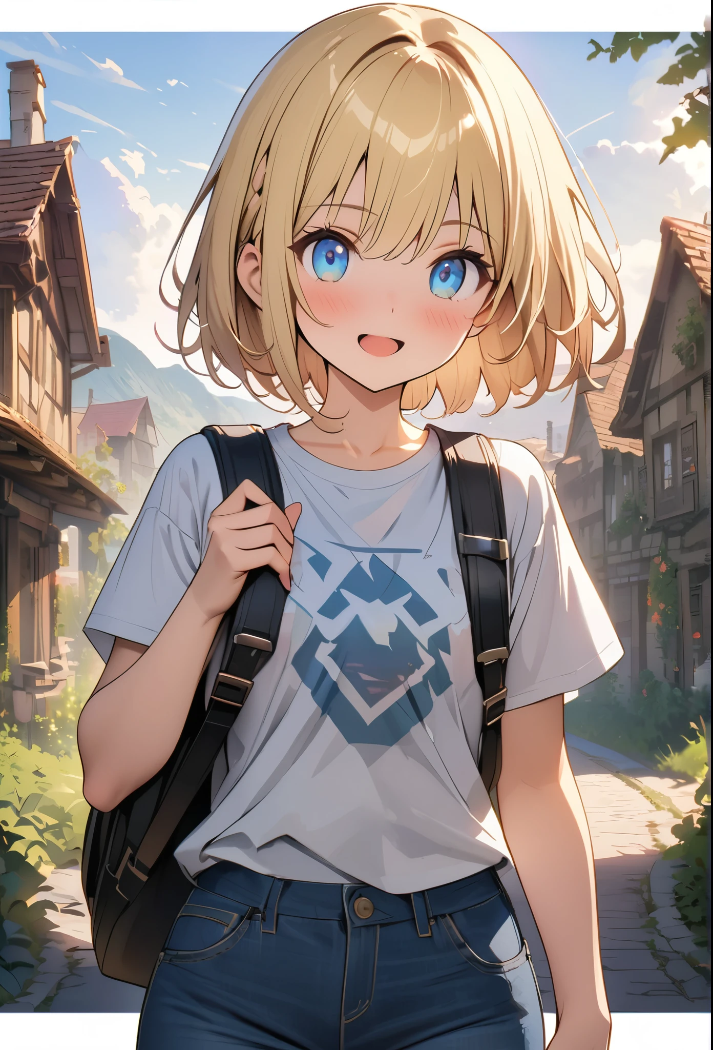 anime、デジタルanimeアート、animeーション、(masterpiece:1.2)、high quality、High resolution、Very detailed、Amazingly absurd、Exotic lands、Girl carrying a backpack、Traveling alone、(Hitchhiking)、European countryside background、Short Bob、cute、Backpack、Patterned T-shirt、Half Jeans、Upper Body,blonde、blue eyes