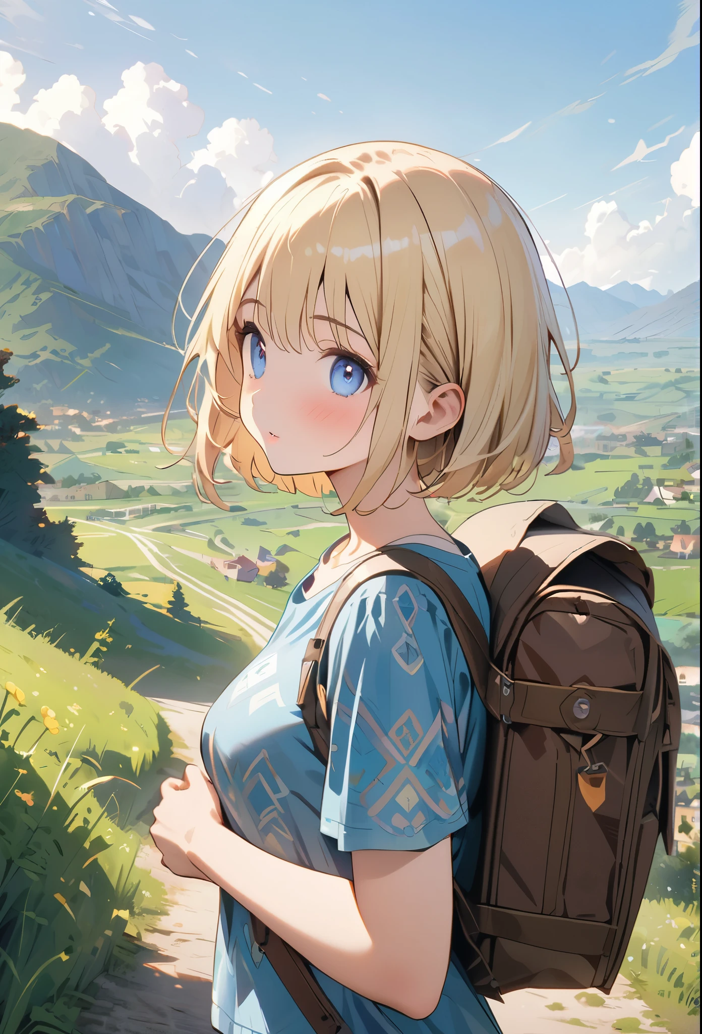 anime、デジタルanimeアート、animeーション、(masterpiece:1.2)、high quality、High resolution、Very detailed、Amazingly absurd、Exotic lands、Girl carrying a backpack、Traveling alone、(Hitchhiking)、European countryside background、Short Bob、cute、Backpack、Patterned T-shirt、Half Jeans、Upper Body,blonde、blue eyes