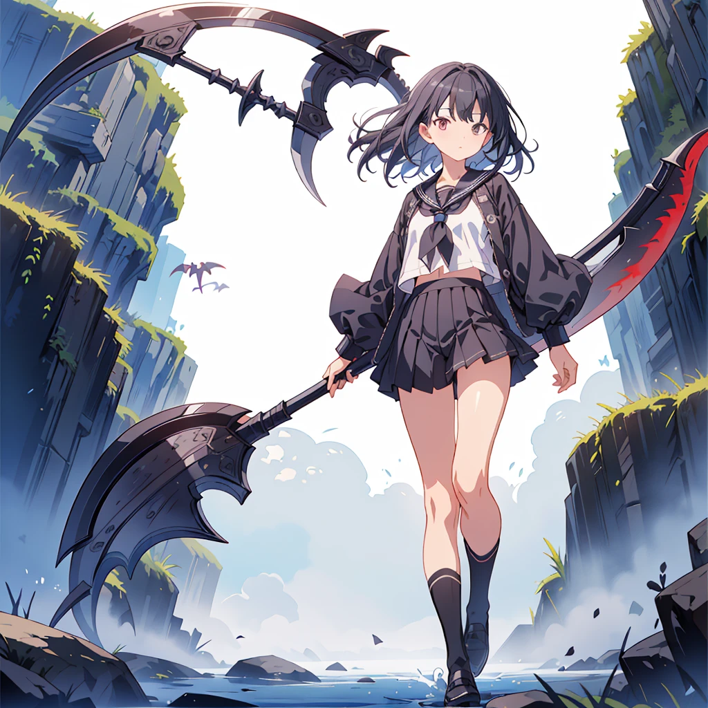 (masterpiece, Highest quality), (perfect athletic body:1.2), (Thin Hair), Very detailed, Anime Style, whole body, alone, Vampire Hunter, Black Sailor Suit, big grim reaper scythe, Black Hair, High Boots, Standing in the Wilderness,Navy blue knee socks,Black Loafers、 8K high resolution, White Background, whole body,
