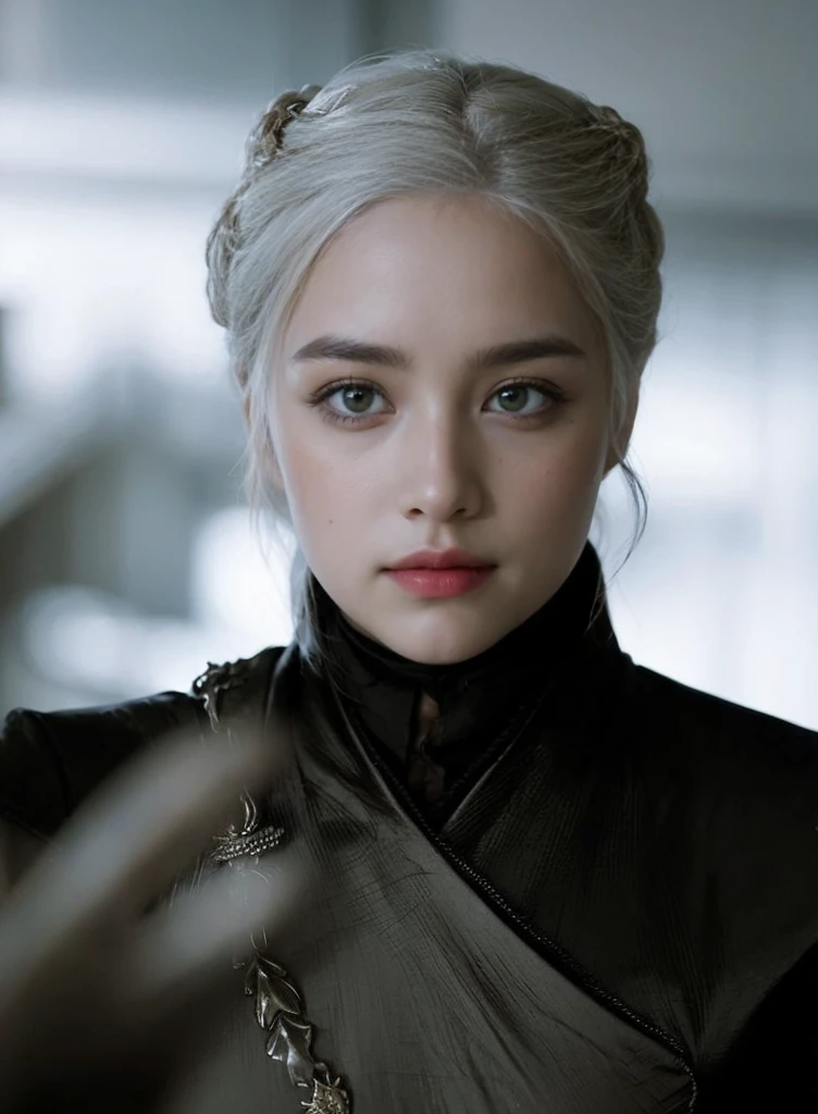 Golden silver hair, Pale skin, large eyes , full lips, Daenerys Targaryen