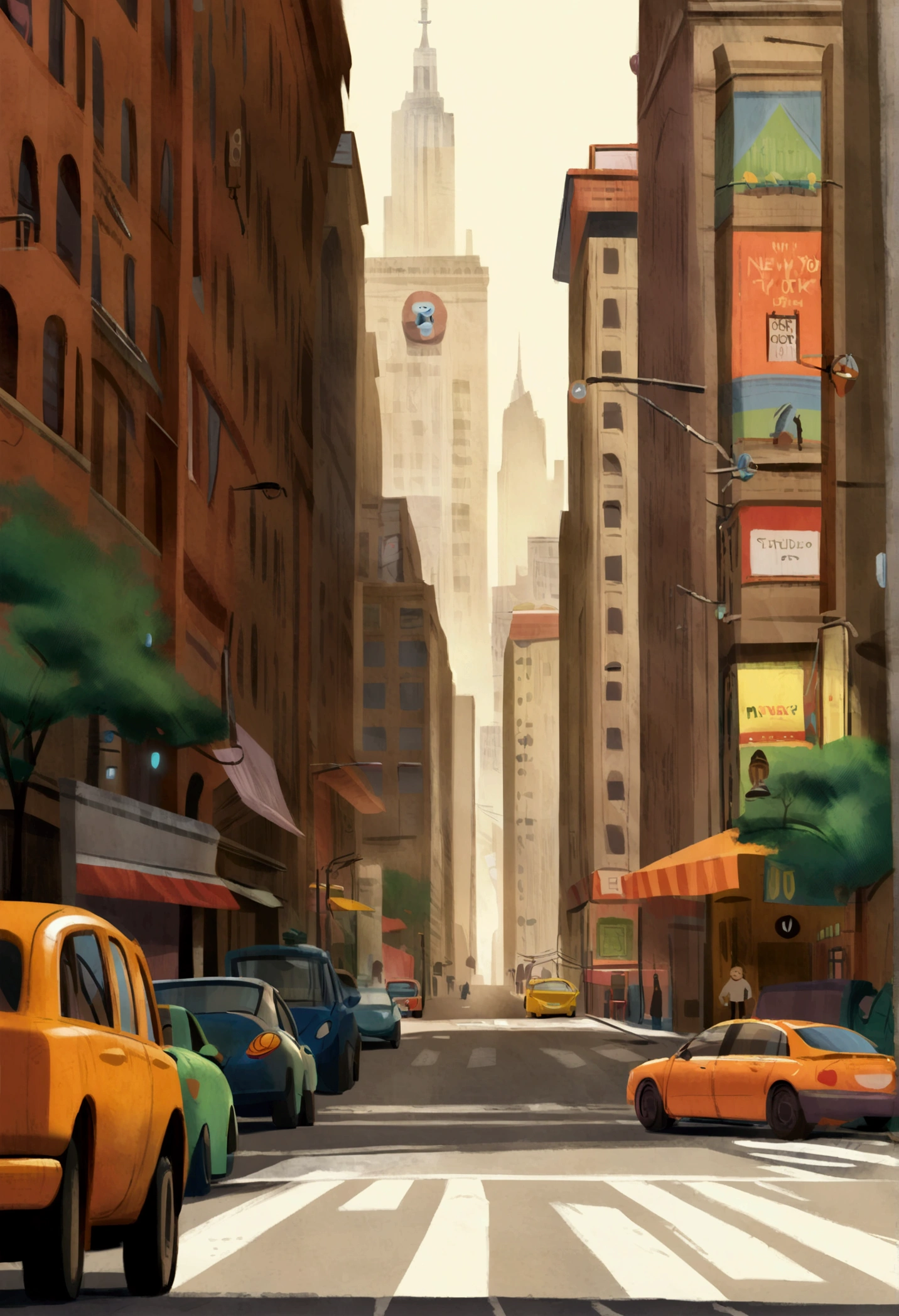 concept art , (( new York city )) street view , (studio pixar style )