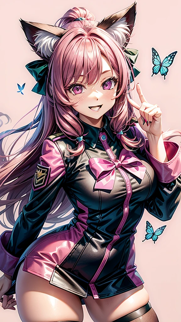 Magenta hair, brown eyes, older woman, long thick hair, hair bows, happy face, cat ears, sexy uniform outfit, butterflies, pink and green background