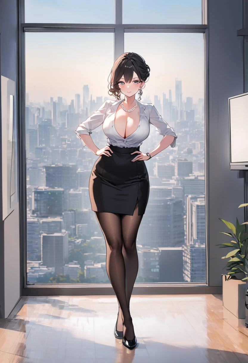 "Devious Curvaceous Japanese dominant office lady, 32 years old, height 163cm, business chic with hidden curves (92-63-93 cm), ample E-cup breasts concealed under blouse, slender 63cm waist, full 93cm hips, shapely legs, clear fair skin (RGB: 255, 233, 209), oval face with soft features, almond-shaped eyes (dark brown, RGB: 54, 38, 22) with double eyelids, straight nose, full lips with natural pink color (RGB: 222, 165, 1) in a professional smile, long black hair styled in an elegant French twist updo, subtle makeup suitable for office with focus on eyes and neutral lip color, wearing a crisp white blouse with top buttons open hinting at cleavage, form-fitting dark gray pencil skirt accentuating hips and ending just above knees, black 3-inch heel pumps, 15 den pantyhose delicate pearl necklace and earrings, standing confidently with one hand on hip in a modern office setting with floor-to-ceiling windows, Tokyo skyline view in background, soft natural lighting mixed with office fluorescents, corporate portrait style with a touch of glamour, shot with Sony A1 mirrorless camera, 85mm f/1.4 GM lens, ISO 200, 1/160 sec, 50MP resolution, focus on professional appearance with subtle emphasis on curves --ar 2:3 --q 2 --s 850 --v 6.0 --style raw"